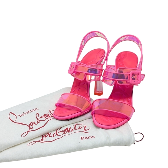 NEW Christian Louboutin Loubi Duniss 100 Neon Pink PVC Clear Sandal Heels 38 - Picture 2 of 13